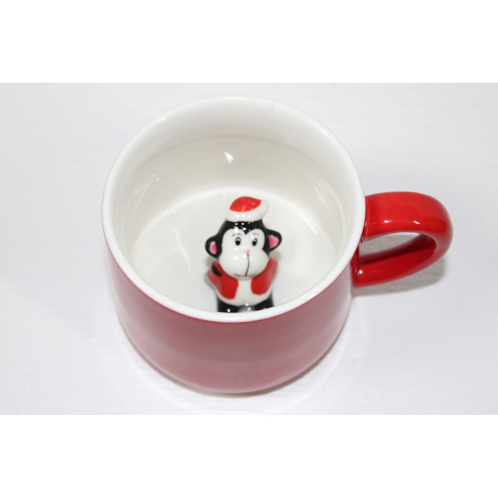 Red Ceramic Hidden Monkey Santa Hat 3D Surprise Figurine Holiday Mug  S0197